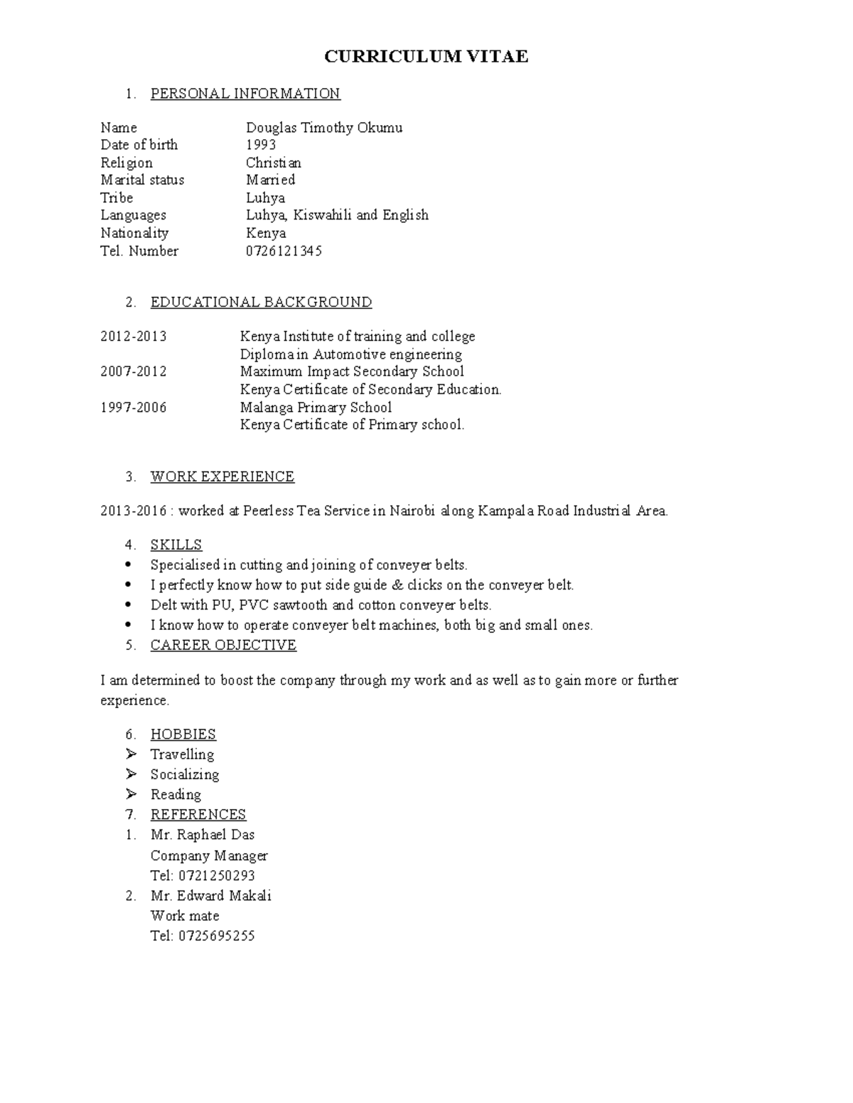 Curriculum Vitae - Douglas Timothy Okumu Sample - Studocu