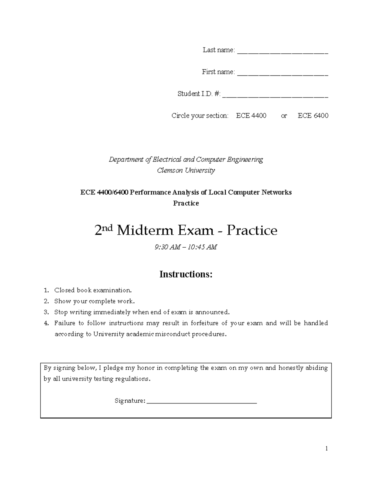 ECE 4400/6400 Performance Analysis Midterm Exam Practice - Studocu