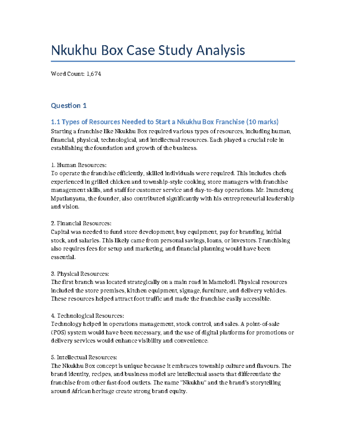 Nkukhu Box case study analysis: resources for franchise success - Studocu