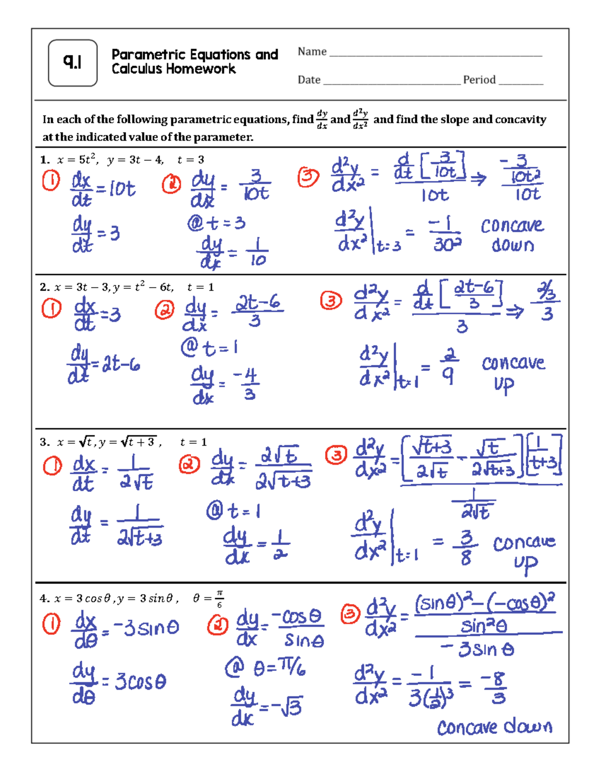 Practice 9.1 - Parametric Equations Homework Solutions - Studocu