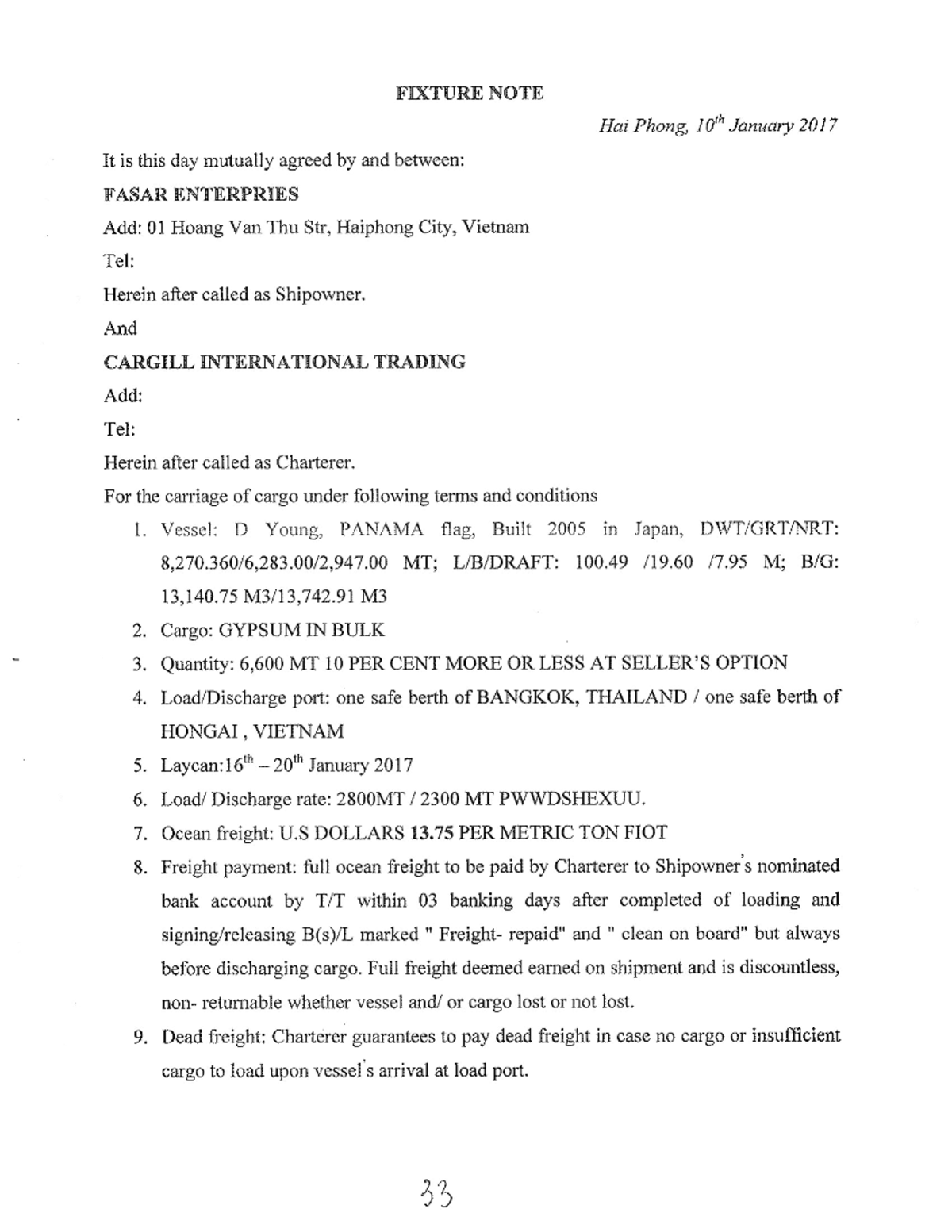 Fixture Note: Charter Agreement for Gypsum Cargo (CP) - Studocu