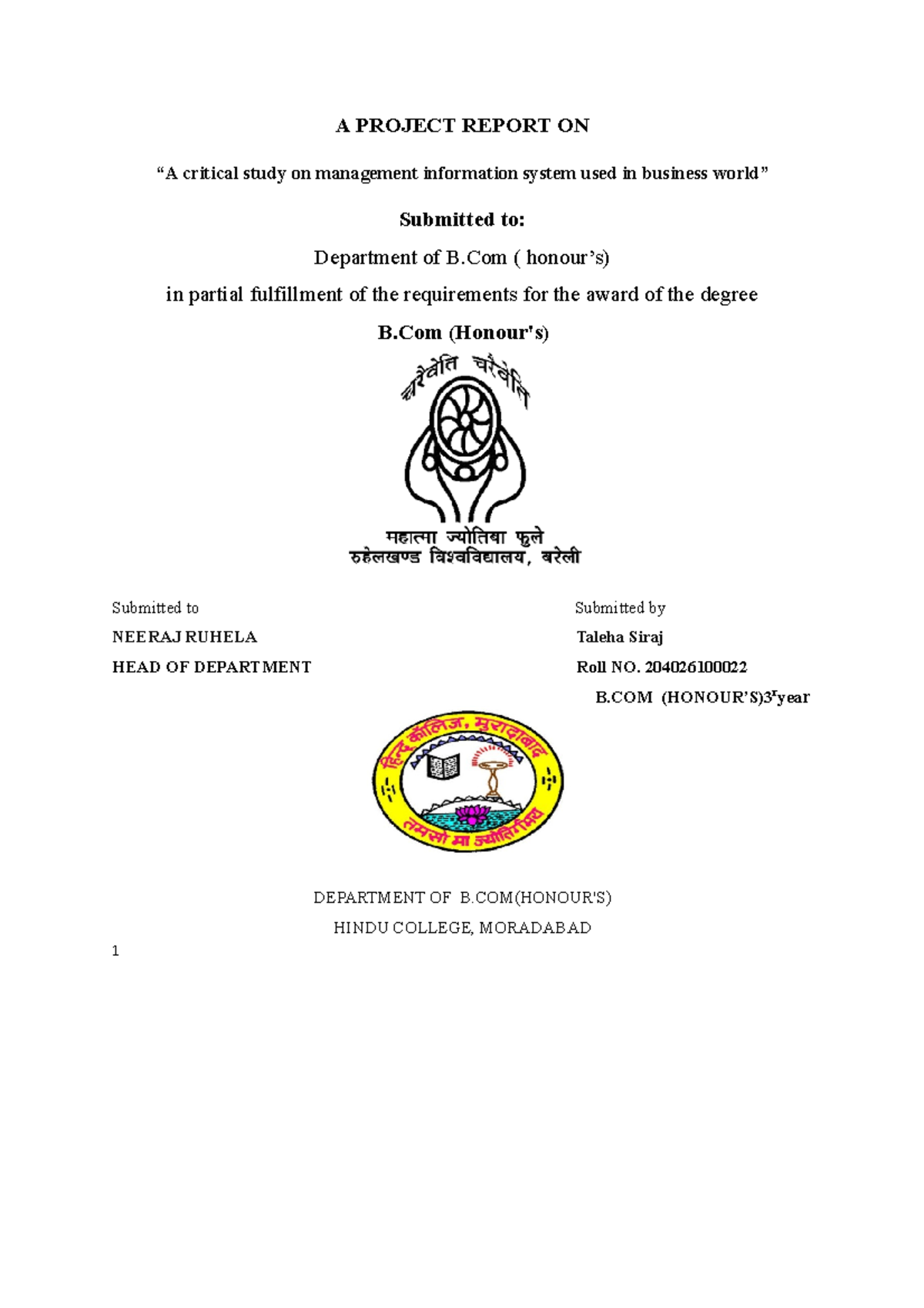 B.Com (Hons) 3rd Year Project Report: Study on Management Information ...