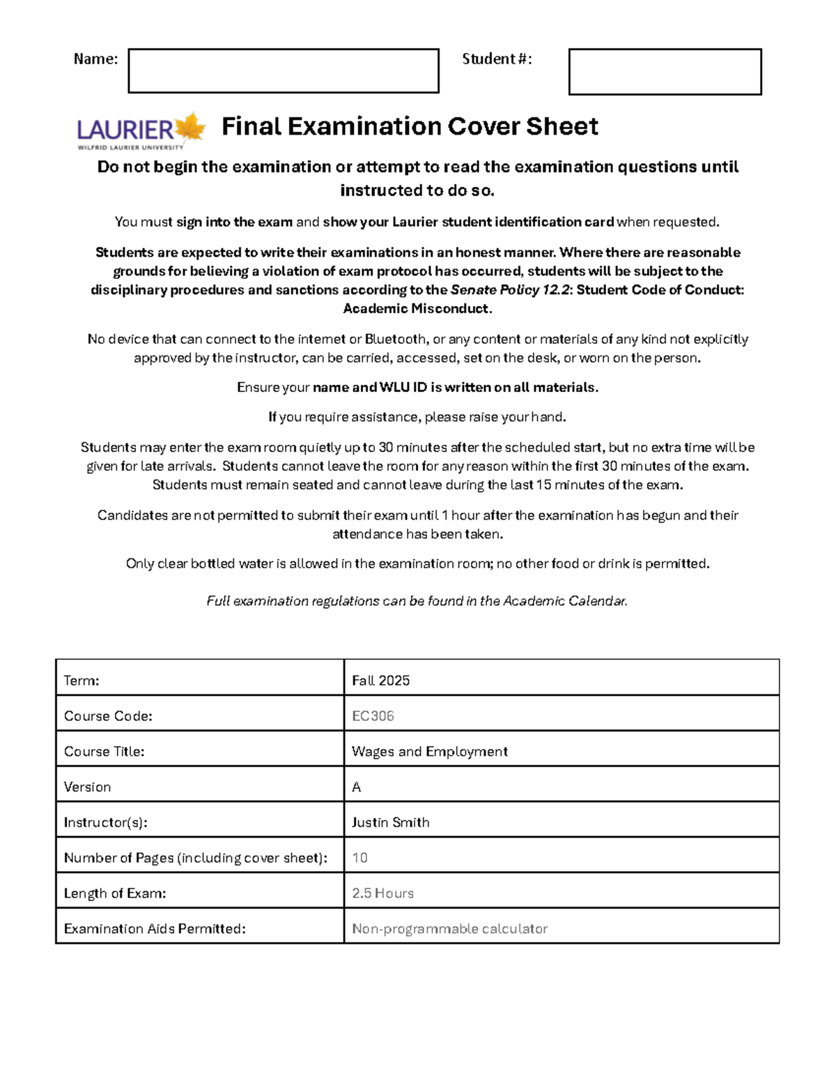 EC306 Practice Final Exam Cover Sheet - Fall 2025 - Studocu
