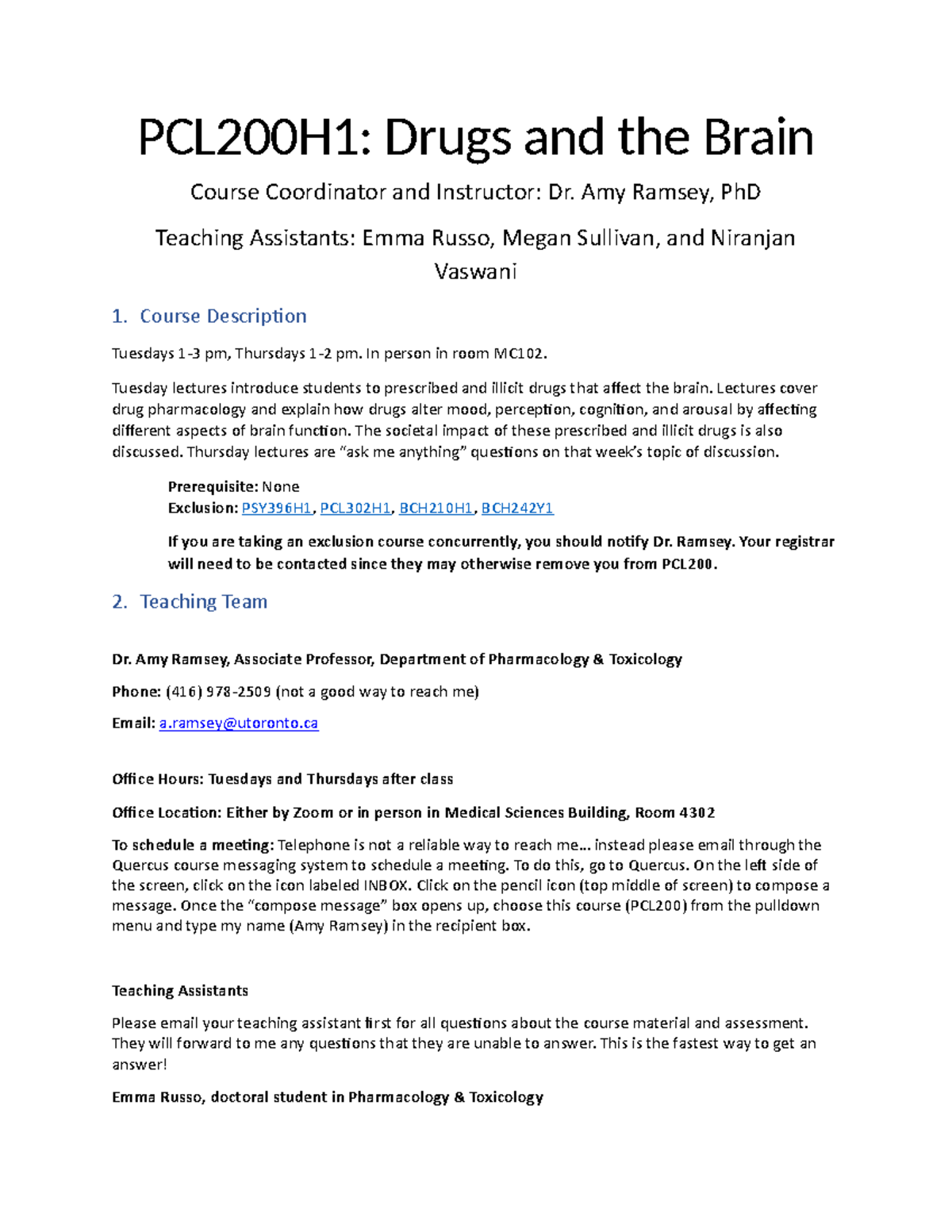 PCL200H1 Course Syllabus: Drugs and the Brain Overview - Studocu