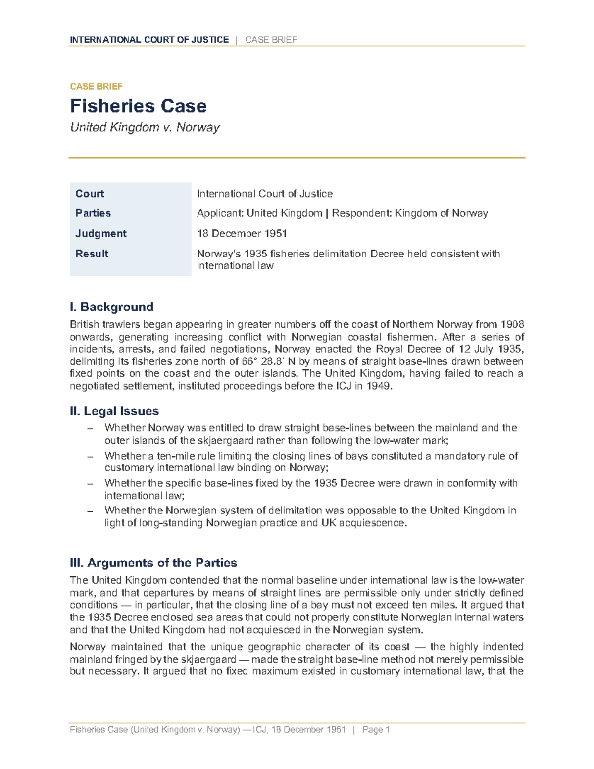 ICJ Case Brief: Fisheries Case (UK v. Norway) - 18 Dec 1951 - Studocu
