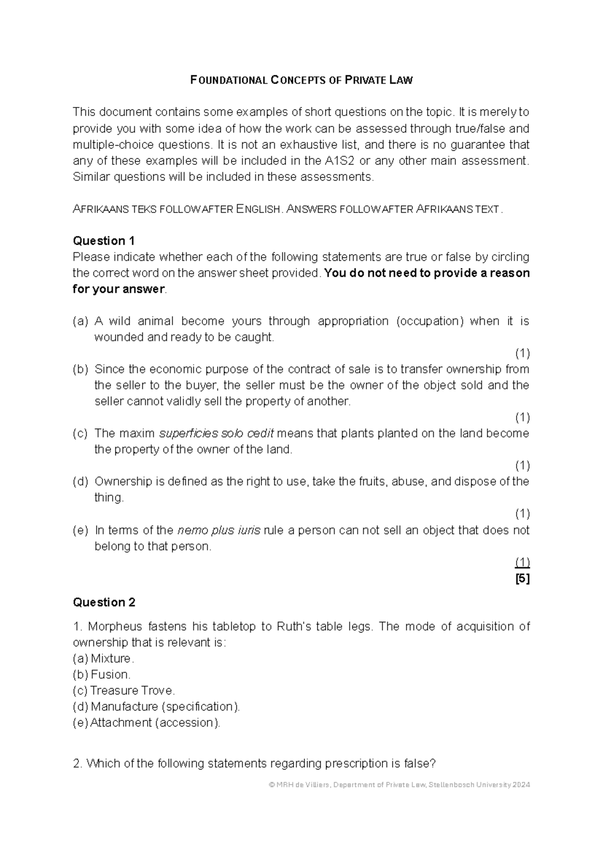 A1S2 Foundational Concepts: Short Questions & Answers on Private Law ...
