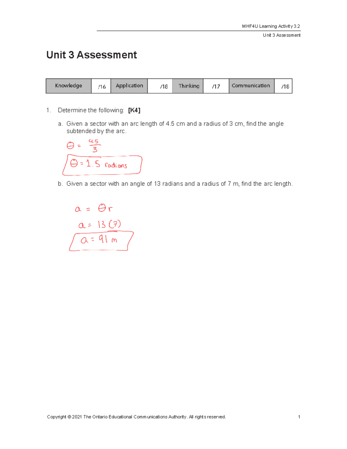 MHF4U Unit 3 Assessment: Trigonometric Functions and Models Guide - Studocu