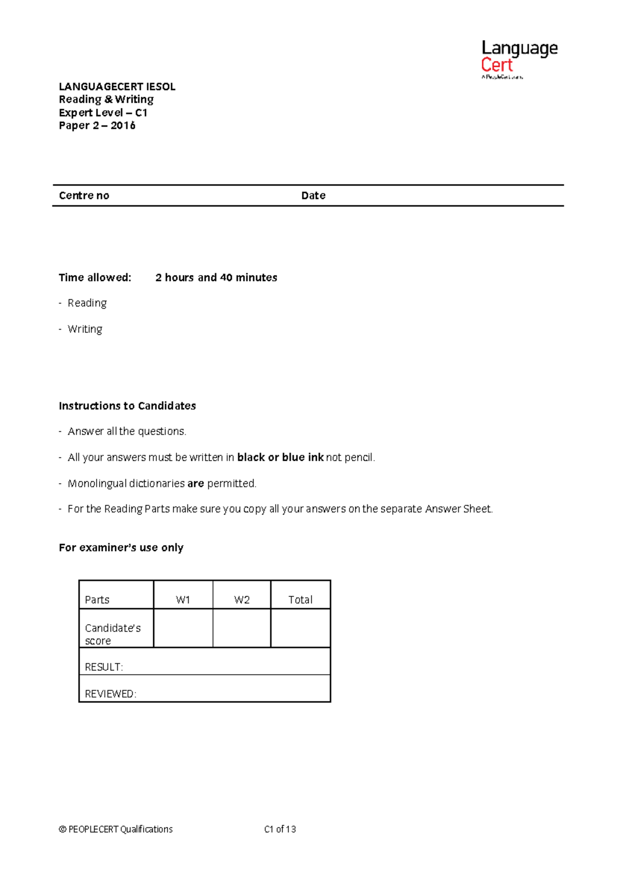 LANGUAGECERT IESOL C1 Exam Practice: Reading & Writing Paper 2 - Studocu