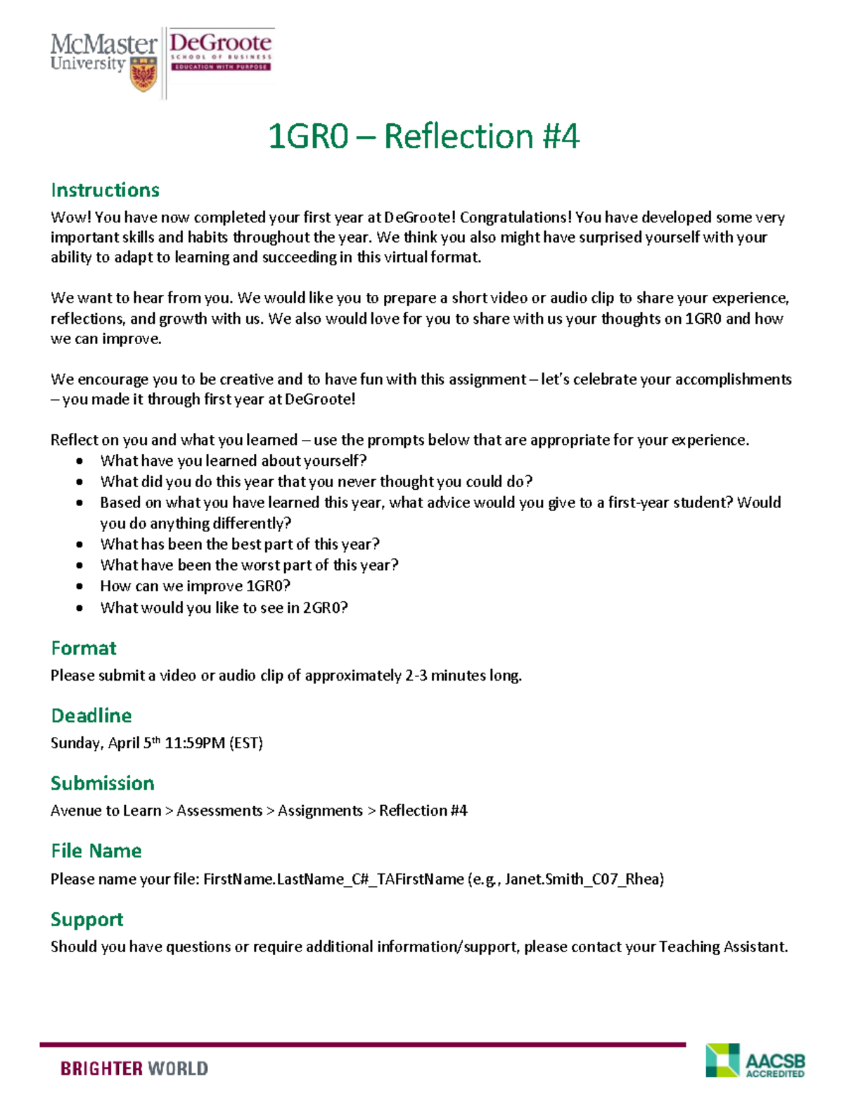 1GR0 Reflection Assignment: Celebrating Your First Year at DeGroote ...