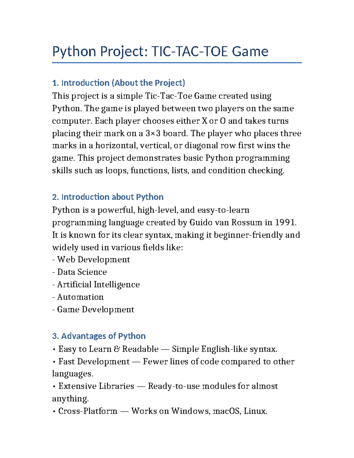 Python Project: Tic Tac Toe Game Overview and Code - Studocu