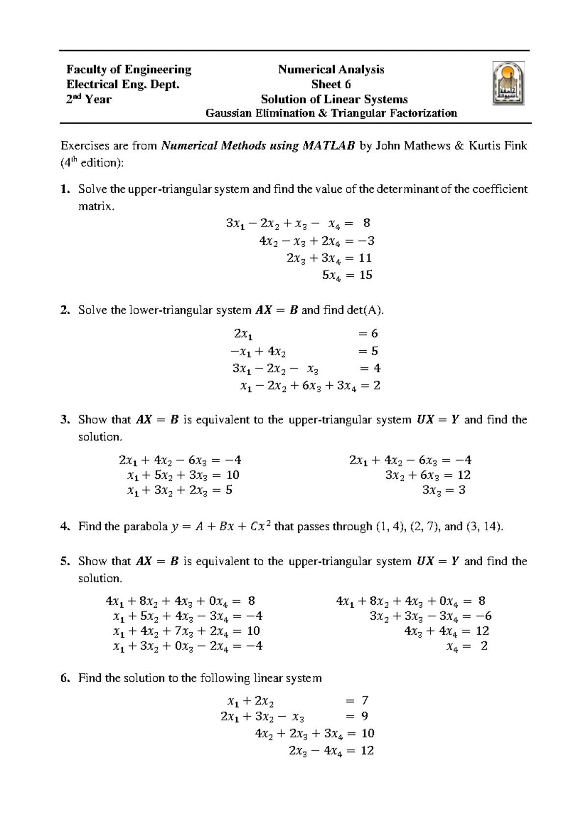 Sheet 10 - problems on numerical analysis - In the following Exercises ...