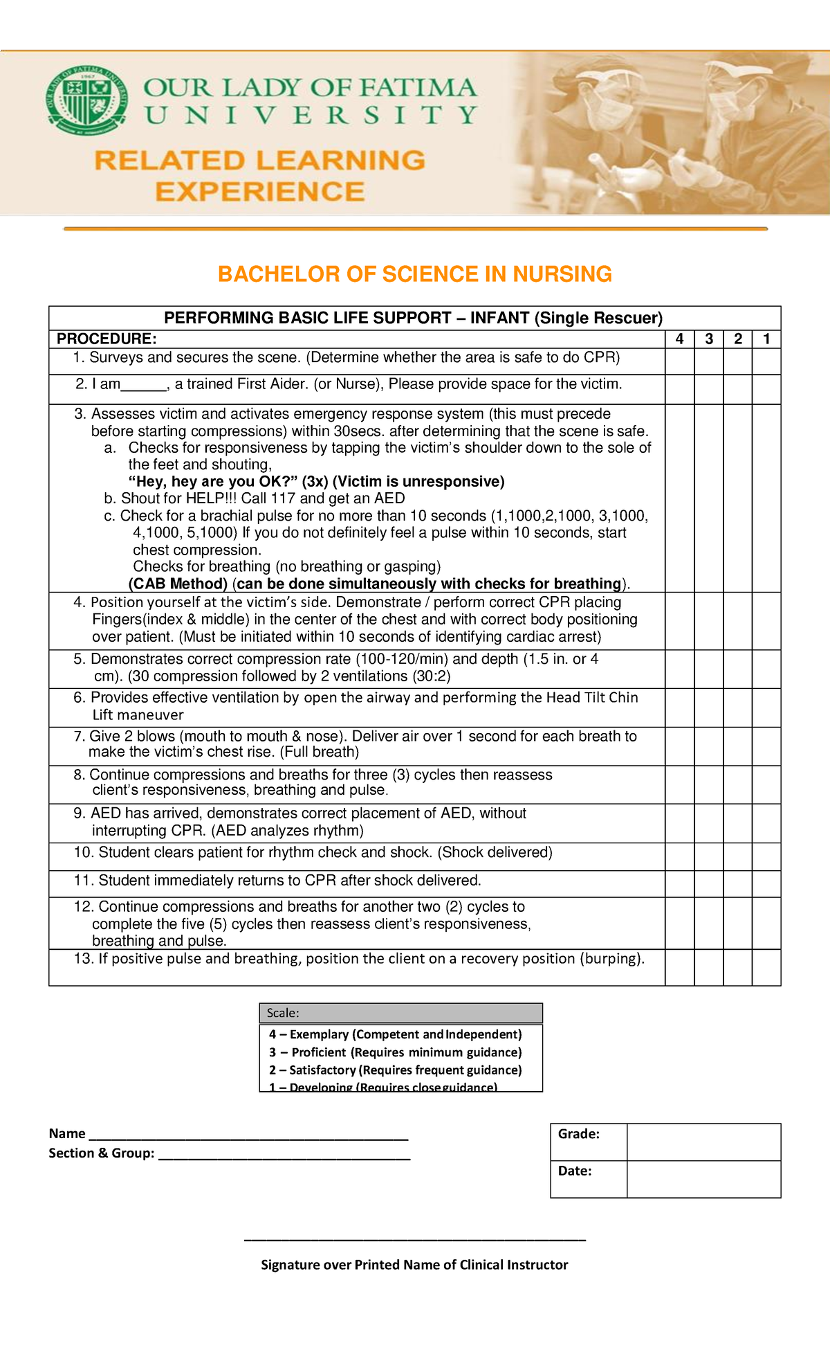 Infant CPR Performance Checklist for BSc Nursing Students - Studocu