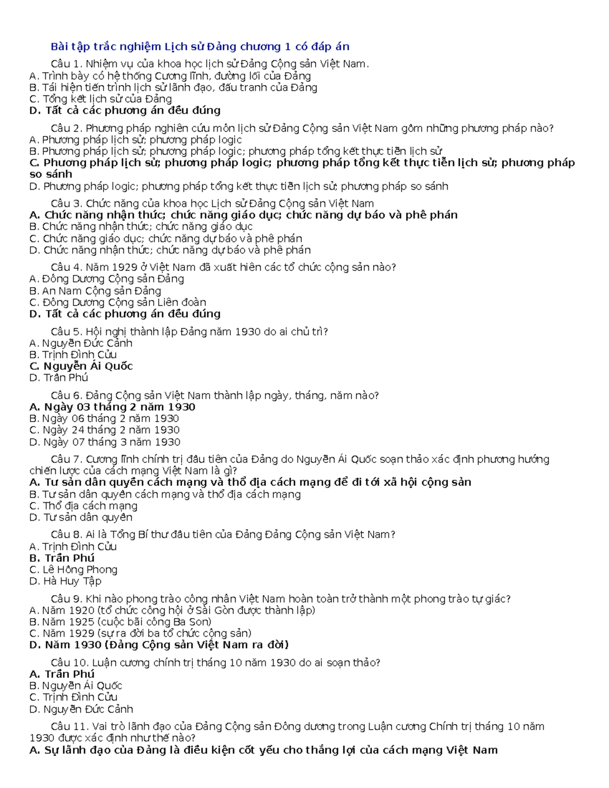 Trắc nghiệm Lịch sử Đảng C1+C2: Câu hỏi và Đáp án - Document Preview