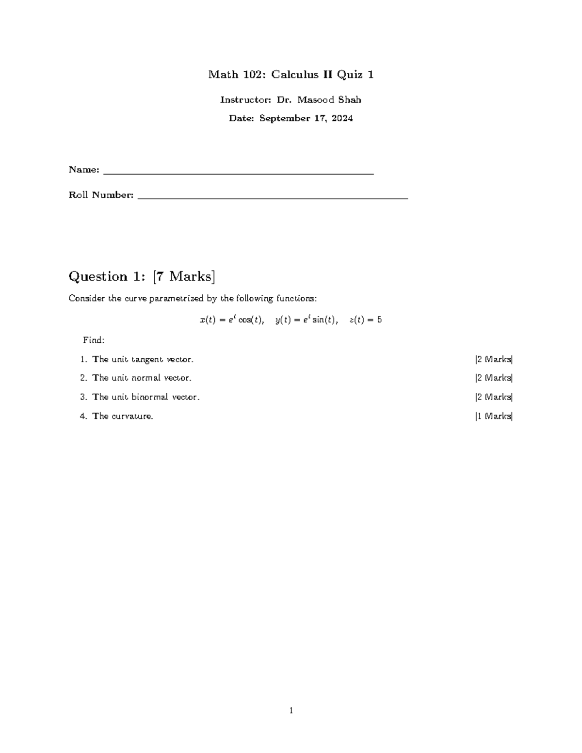Cal 2 Quiz 6 - Quiz - Math 102: Calculus II Quiz 1 Instructor: Dr ...