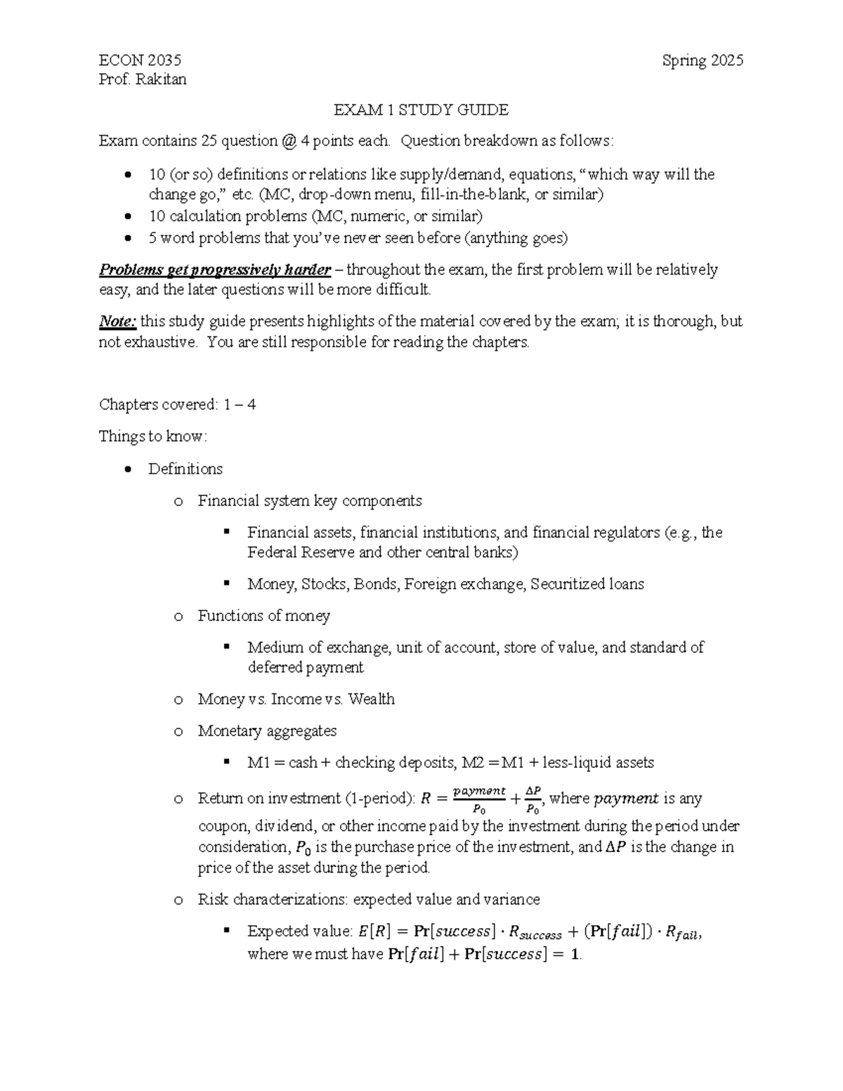 ECON 2035 Spring 2025 - Exam 1 Study Guide & Key Concepts Overview ...