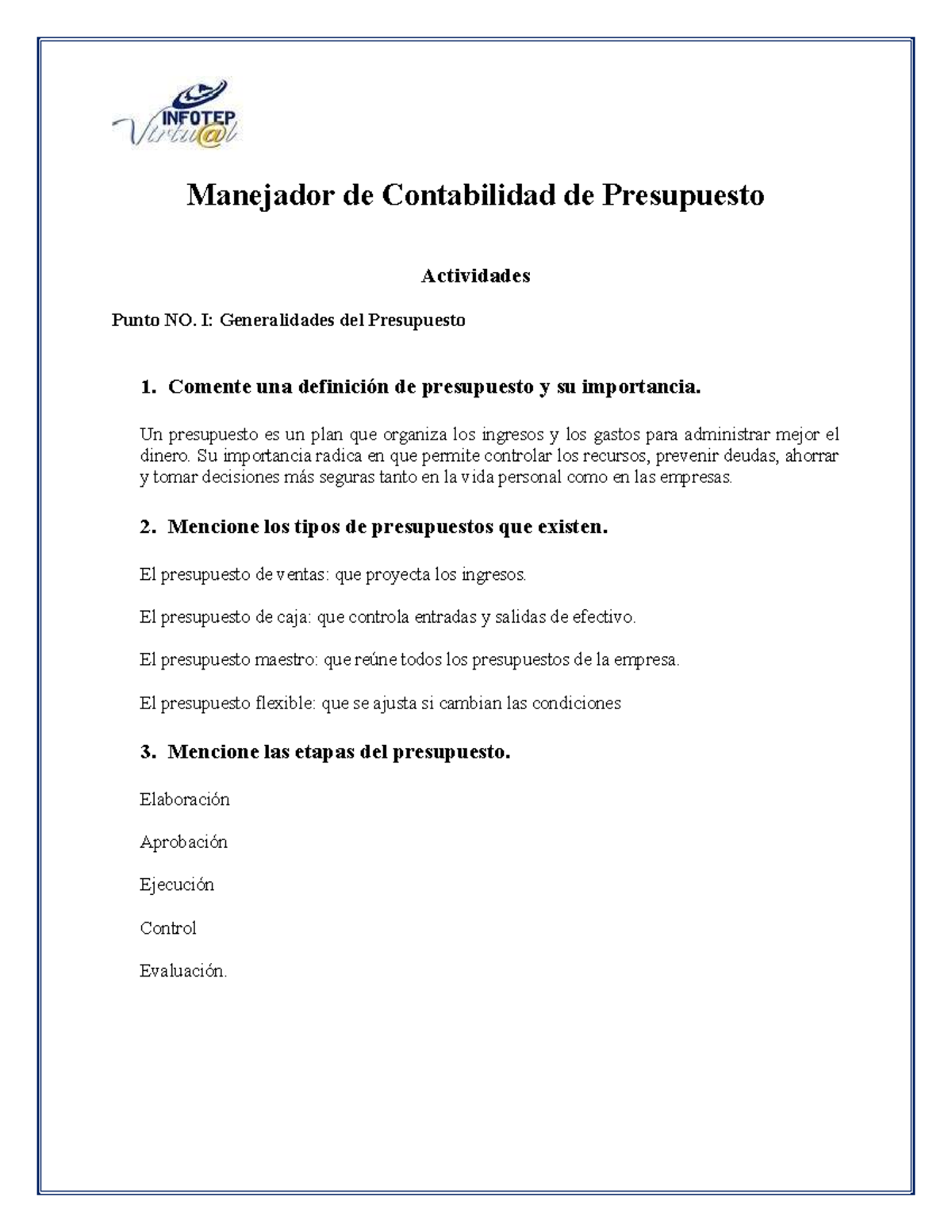Módulo 3: Actividad 1 - Generalidades del Presupuesto y Elaboración ...