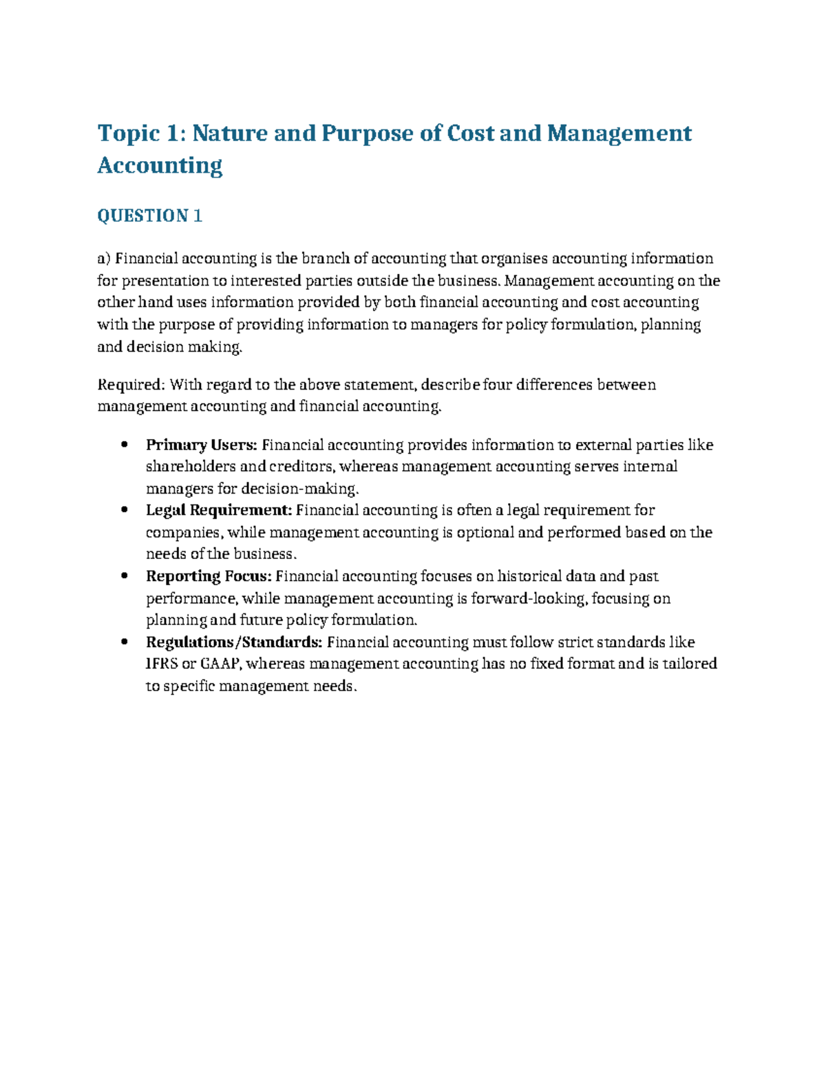 Topic 1 Quiz 1: Differences Between Cost & Management Accounting - Studocu