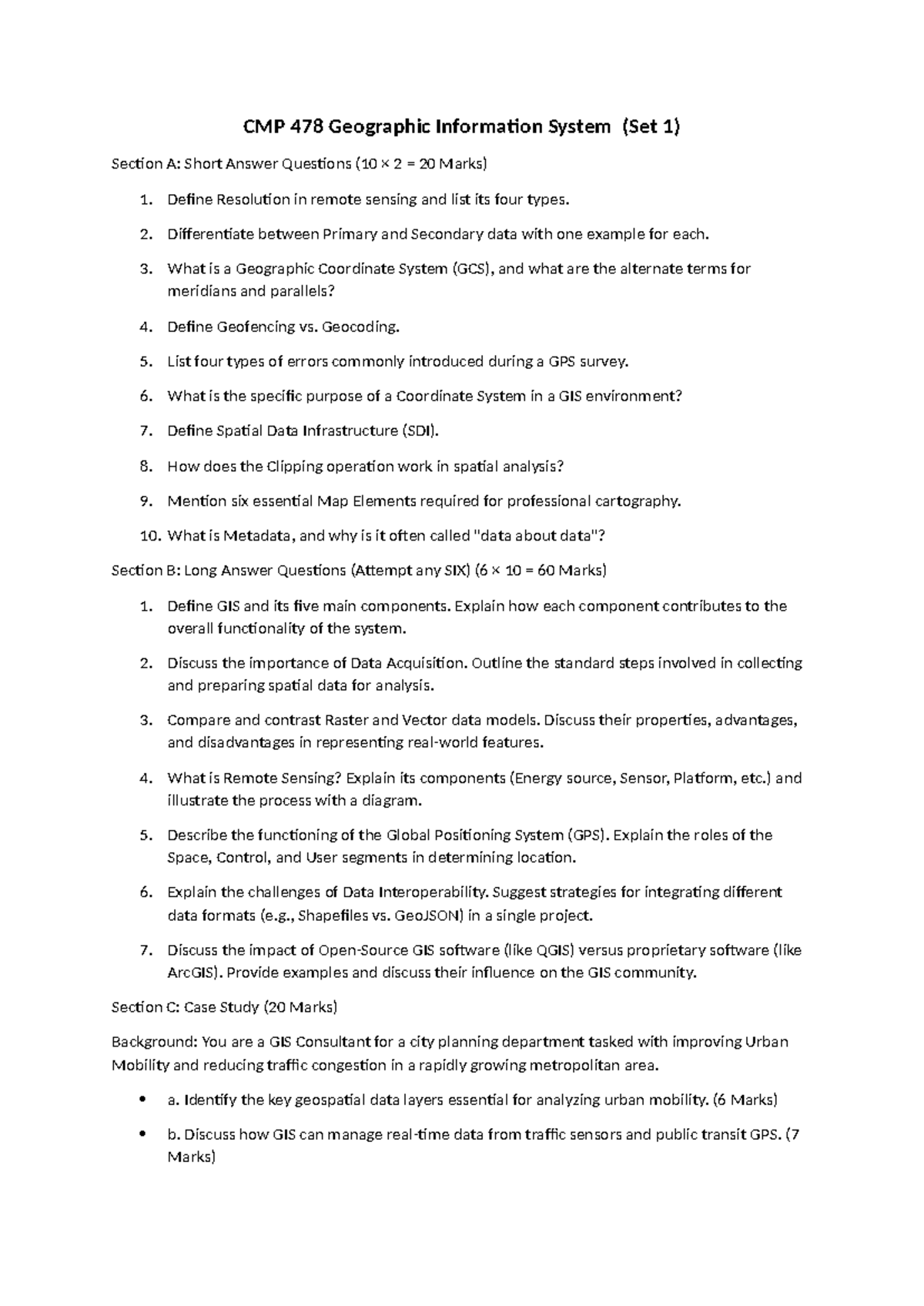 CMP 478 Geographic Information System: Short & Long Answer Notes - Studocu