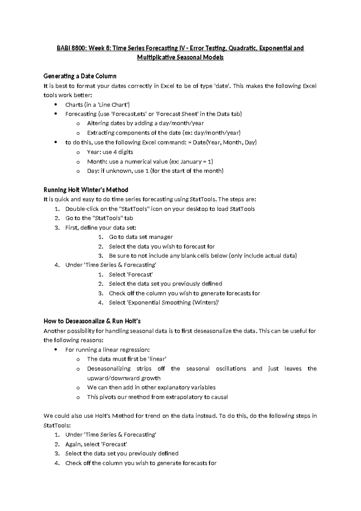 BABI 8800: Week 8 Lecture Notes on Time Series Forecasting & Error ...