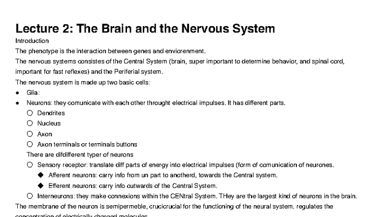 Lecture 2: The Brain and Nervous System Overview (PSY101) - Studeersnel