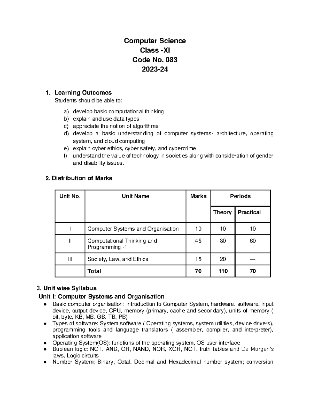 Grade 11 cs syllabus - Computer Science Class -XI Code No. 083 2023- 1 ...