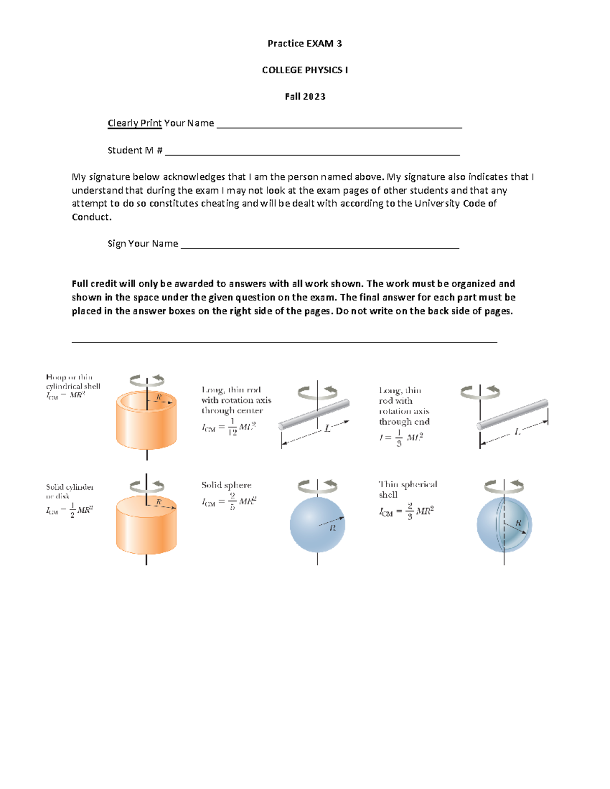 Practice Exam 3 - College Physics I - Fall 2023 - Studocu