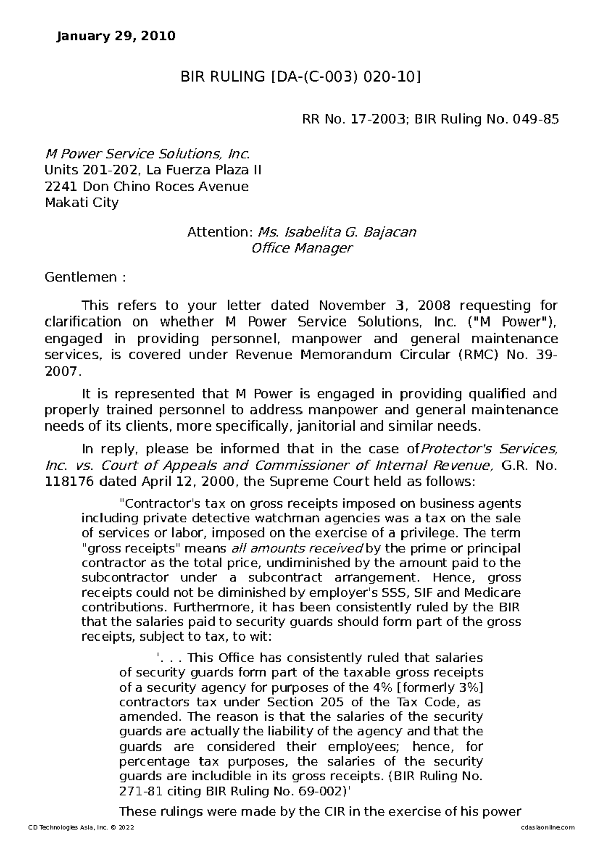 BIR Ruling DA-(C-003) 020-10: Tax Implications for Service Providers ...