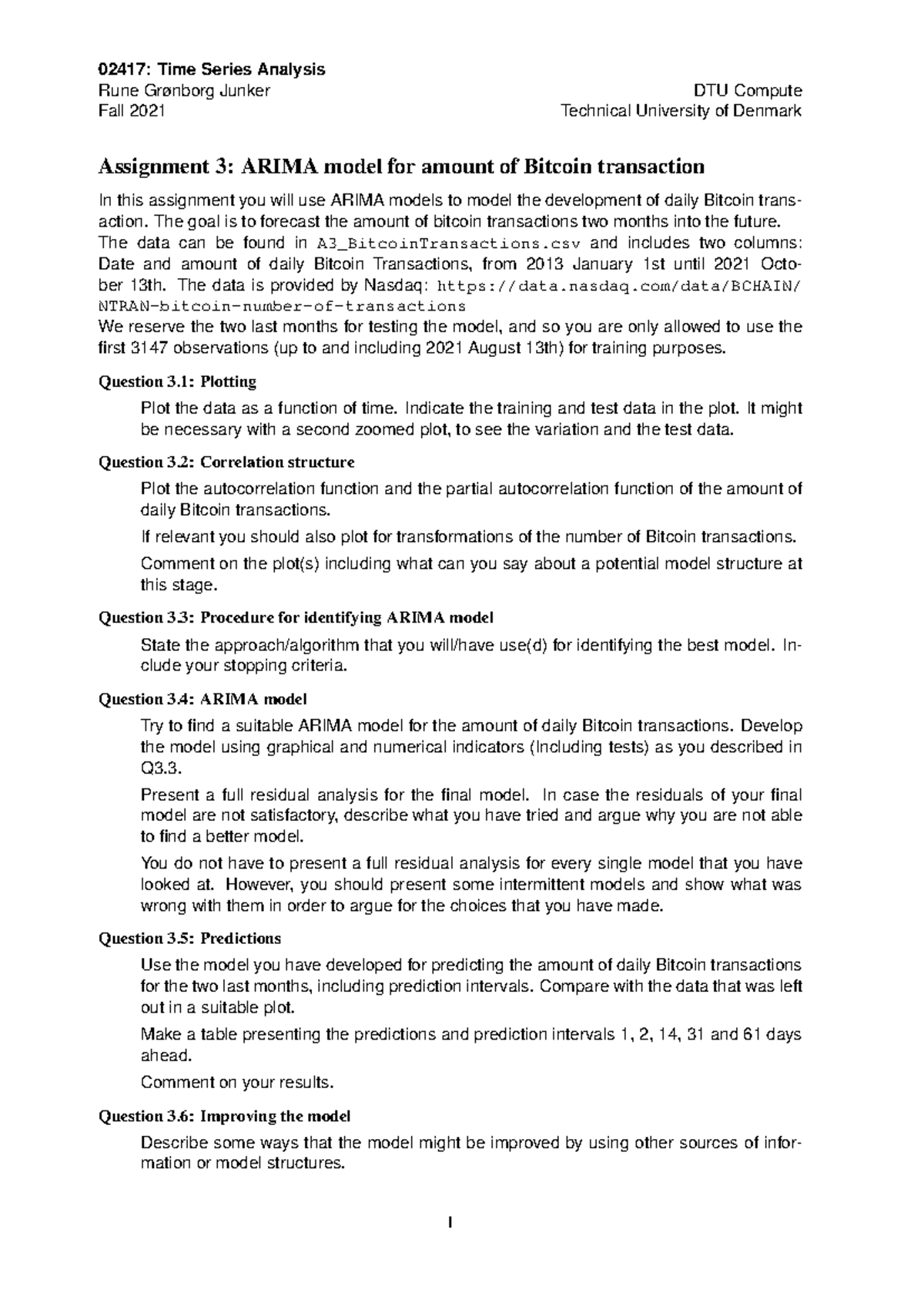 TSA2021 Assignment 3 - ARIMA Model Analysis of Bitcoin Transactions -  Studocu