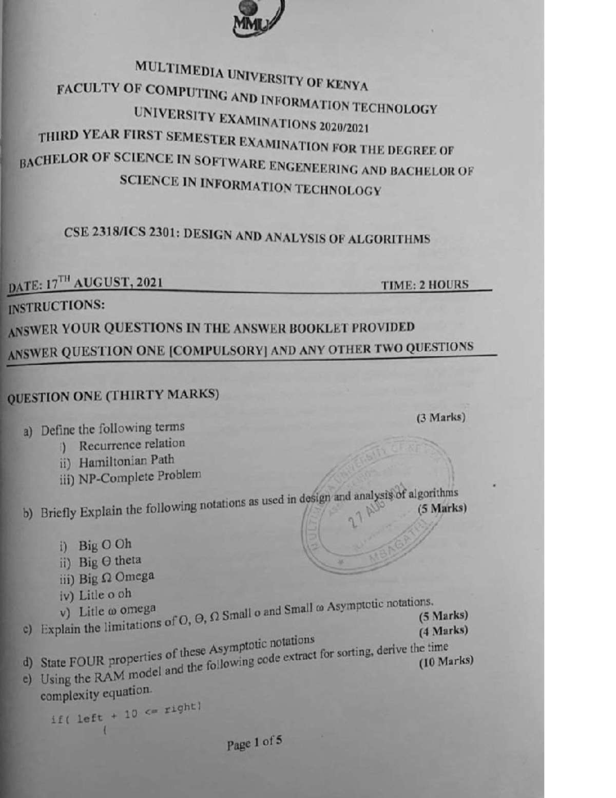BIT CSE 2301: Design & Analysis of Algorithms Exam Papers Review - Studocu