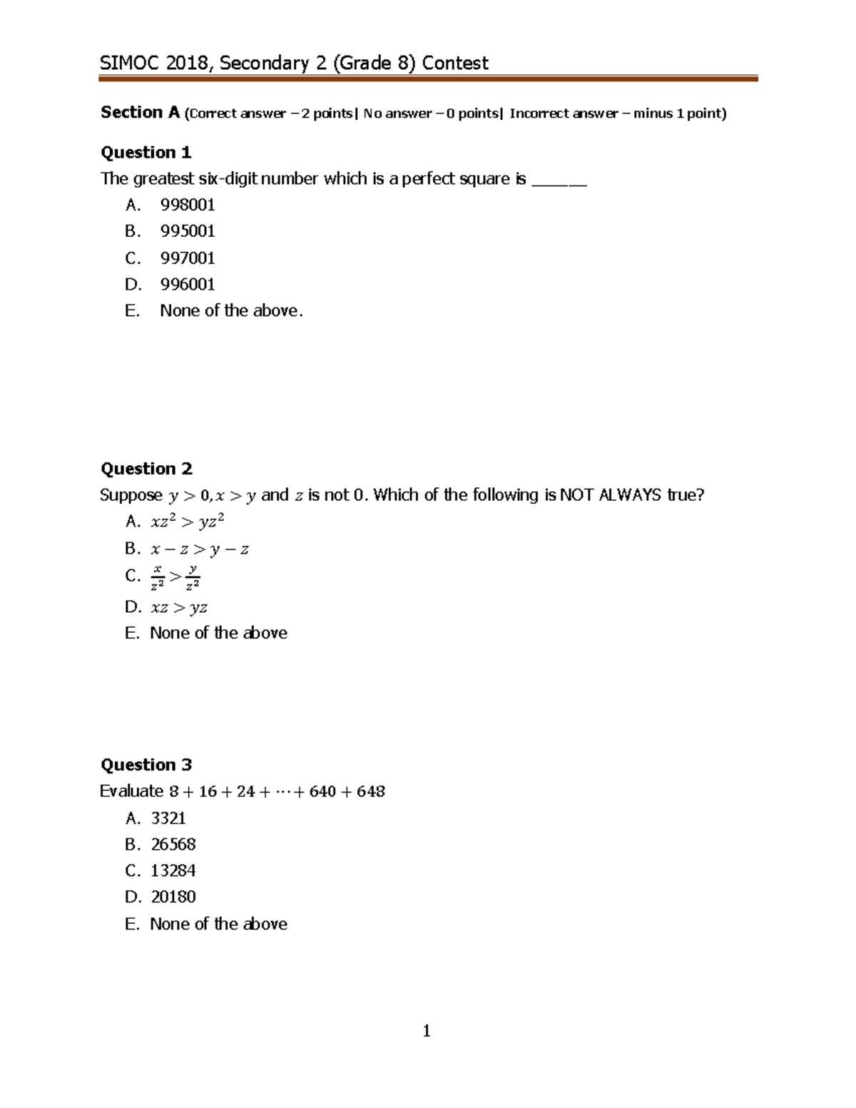 SIMOC 2018, Grade 8 Contest Questions and Solutions - Studocu