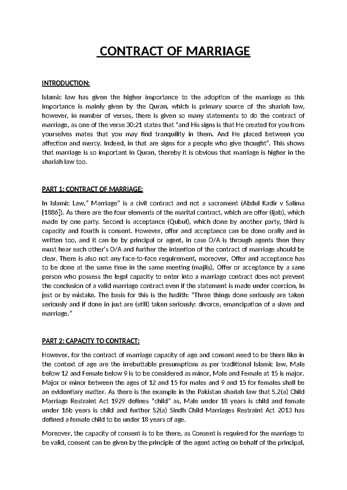 Contract of Marriage Essay: An Islamic Law Perspective - Studocu