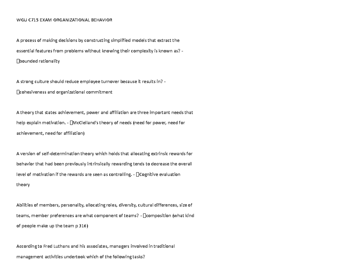WGU C715 Final Exam Study Guide on Organizational Behavior - Studocu