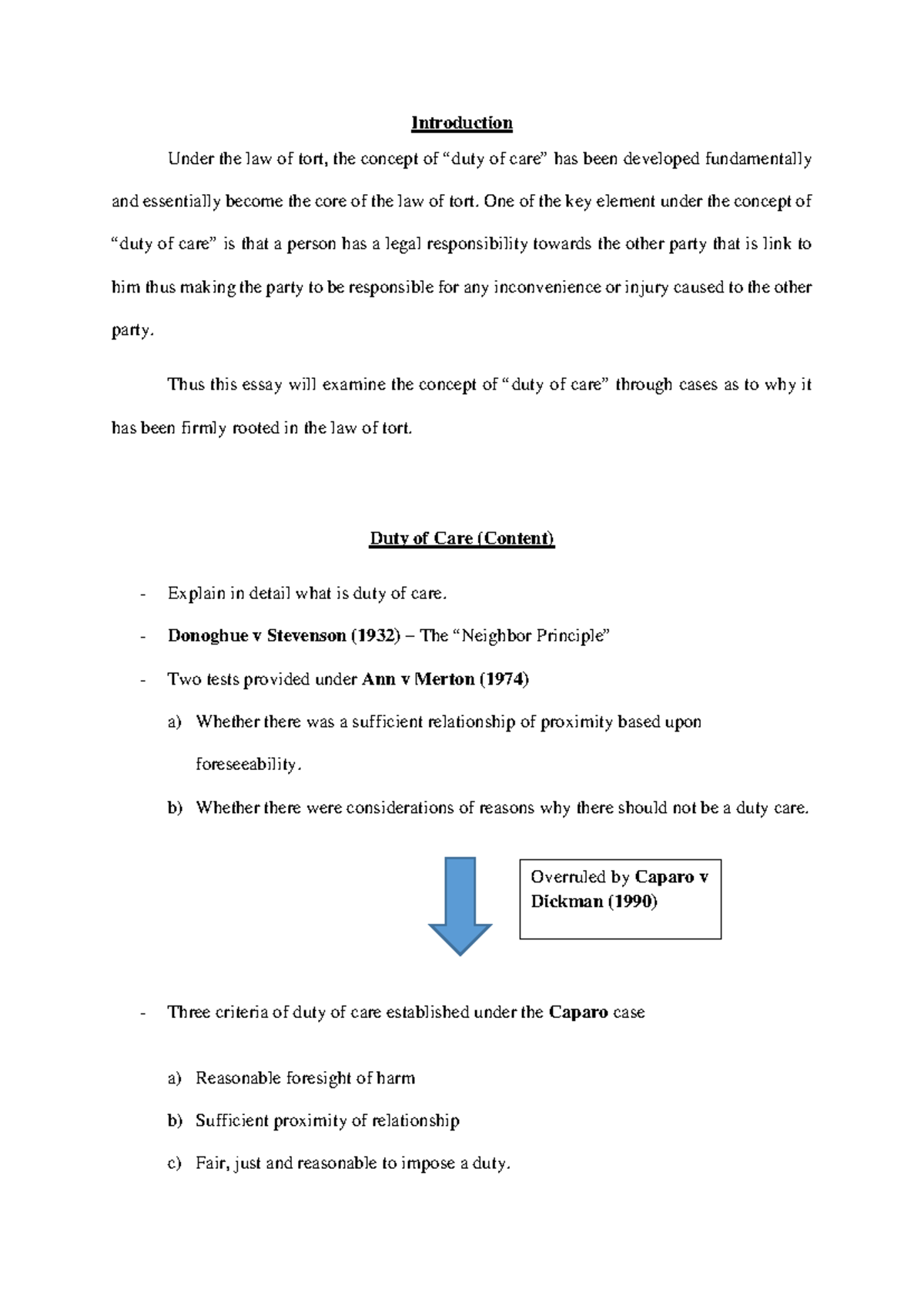 Duty of Care in Tort Law: Key Concepts and Case Studies - Studocu
