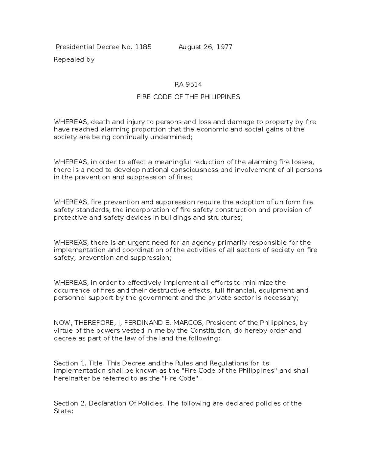 FIRE CODE OF THE PHILIPPINES: Summary of Presidential Decree No. 1185 ...