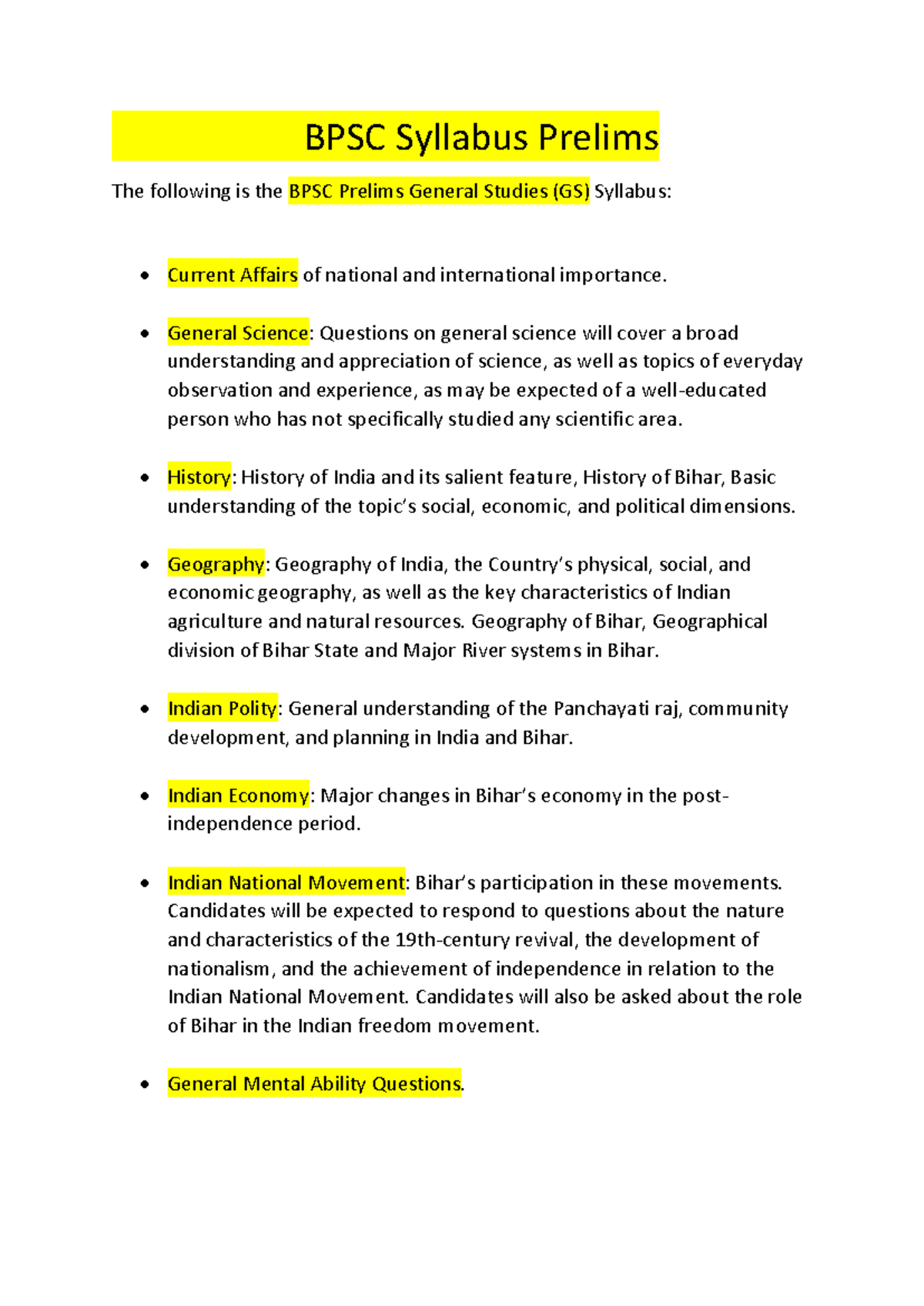 BPSC Prelims Syllabus: General Studies Key Topics Overview - Studocu