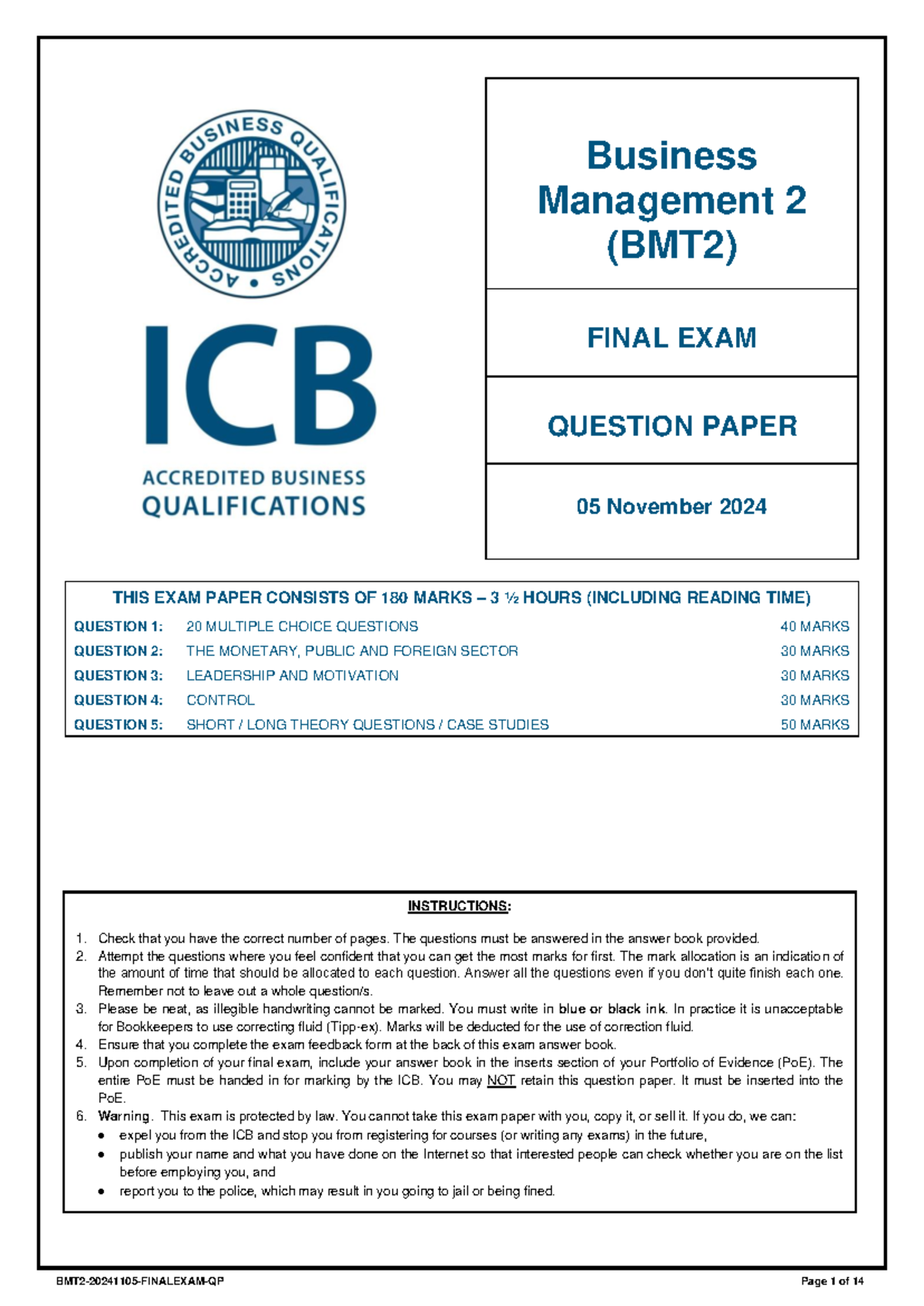 BMT2 2024 FINAL EXAM QUESTION PAPER - BUSINESS MANAGEMENT 2 - Studocu