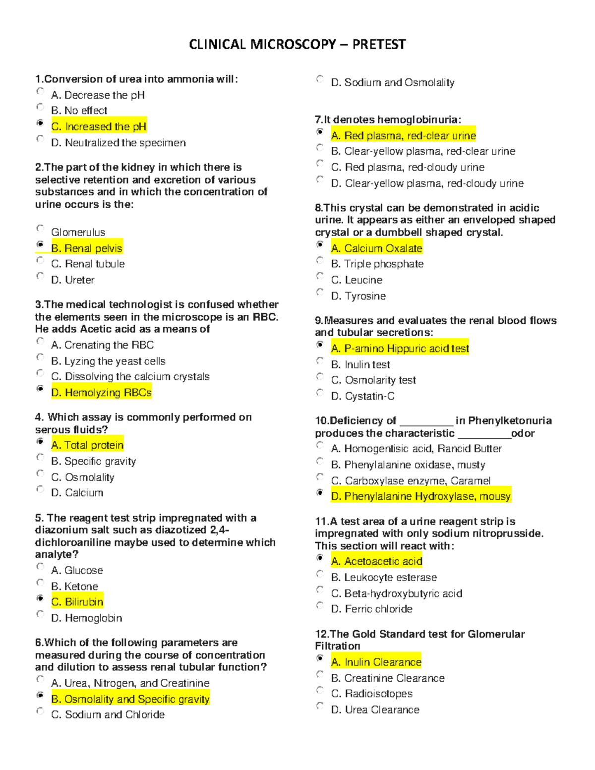 CM - Clinical Microscopy Pretest Questions and Answers - Studocu