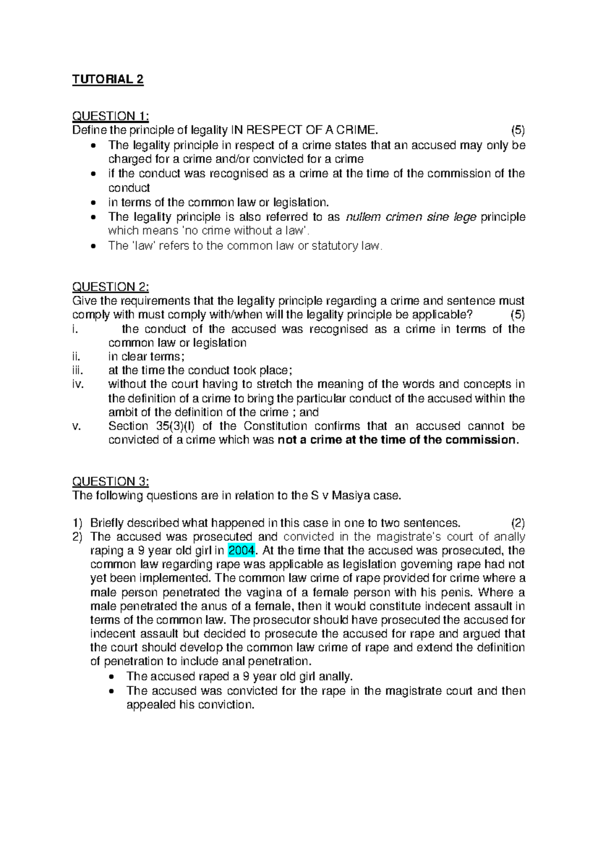 Tutorial 2 - Revision Memo: The Legality Principle in Criminal Law ...