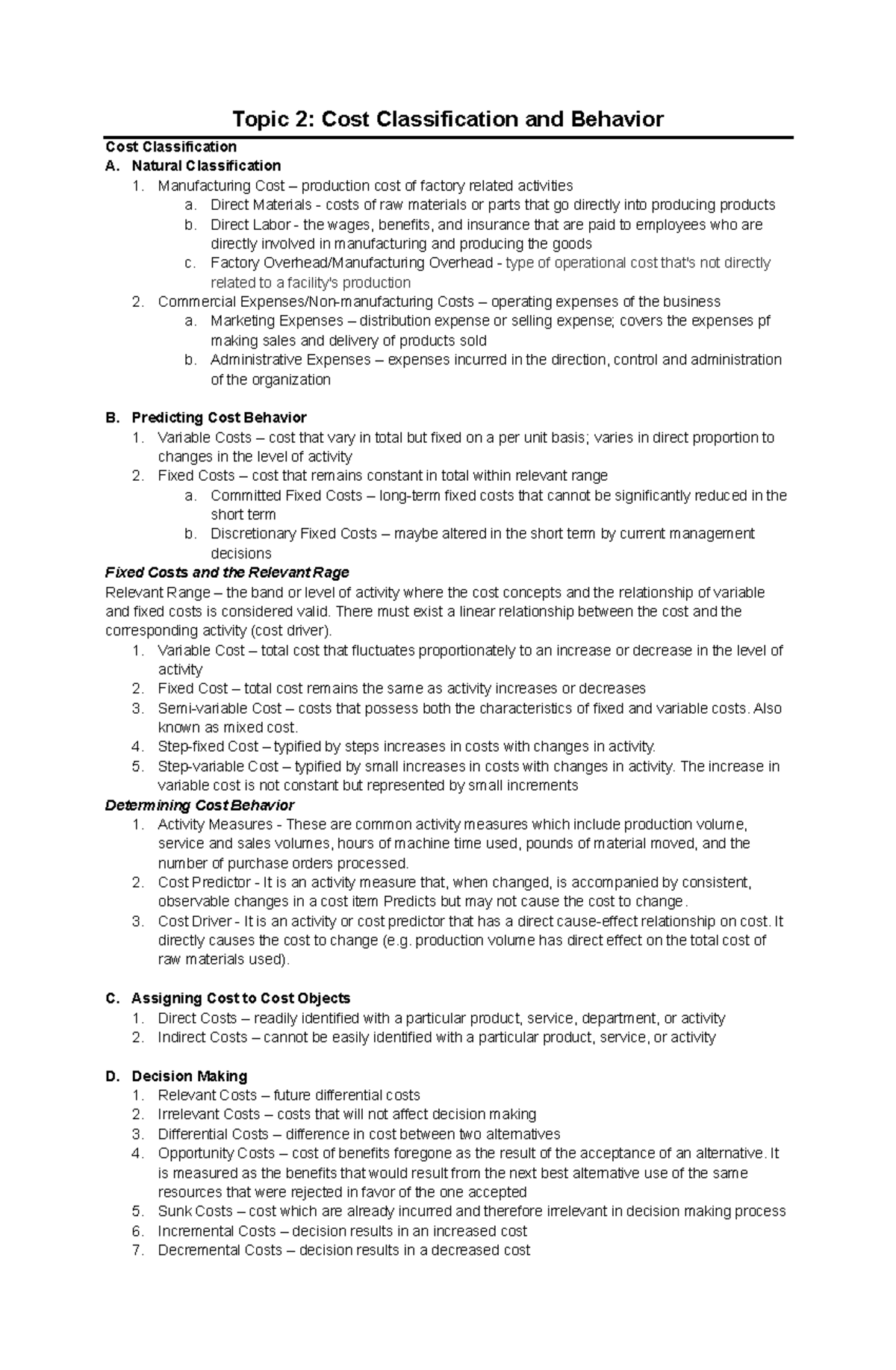Cost Classification & Behavior (Topic 2) - Key Concepts and Techniques ...