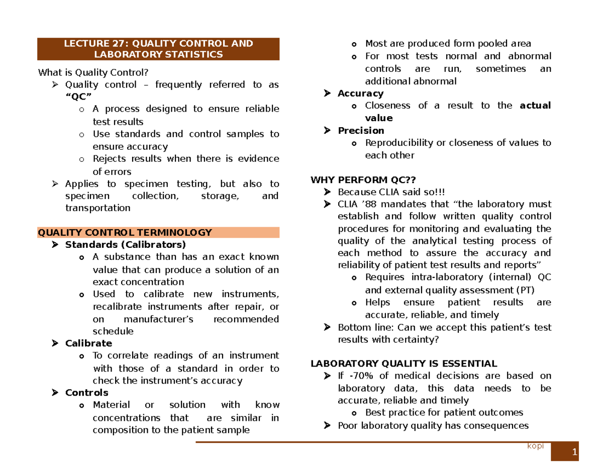 LEC 27: Quality Control and Laboratory Statistics Overview - Studocu