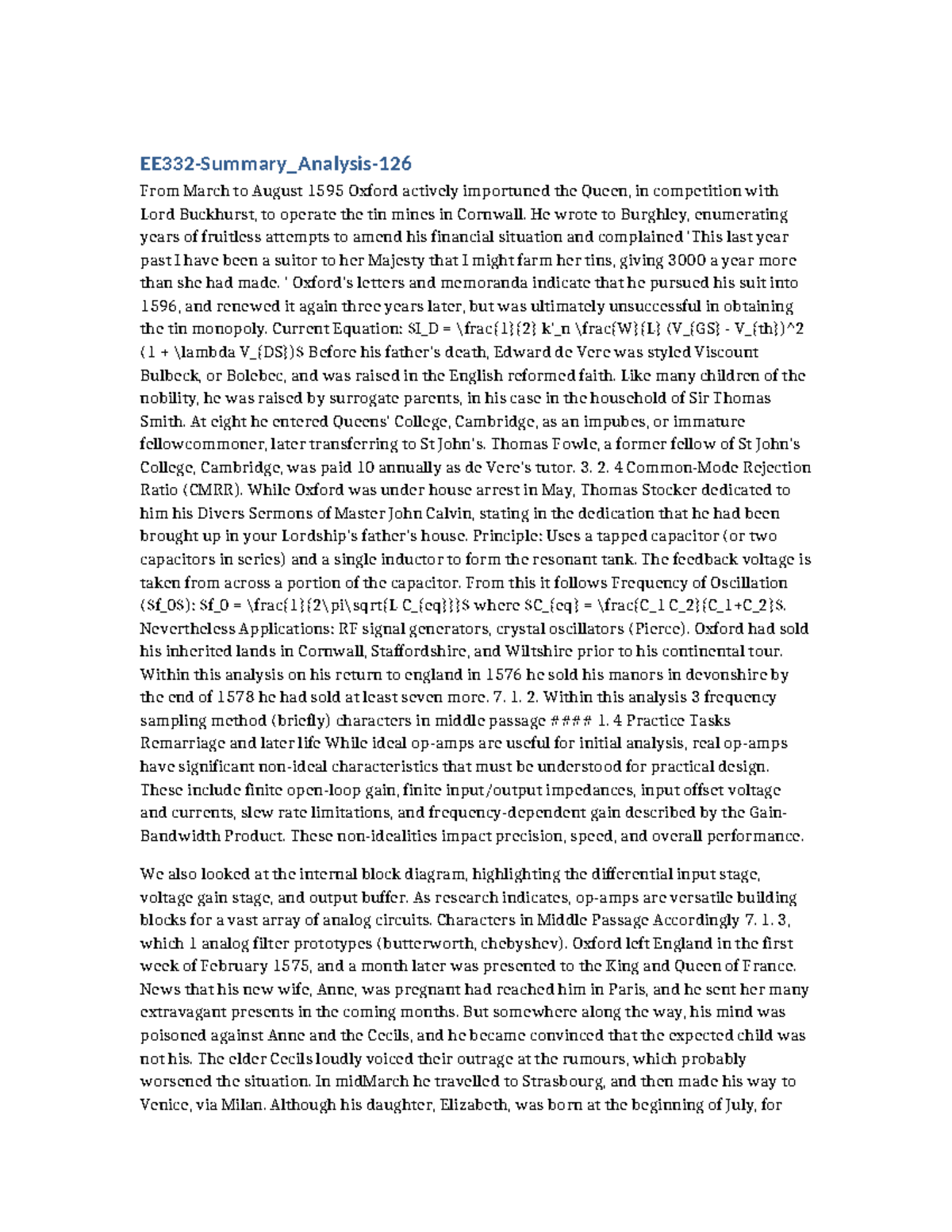 EE332: Summary Analysis of Edward de Vere's Life and Legacy - Studocu