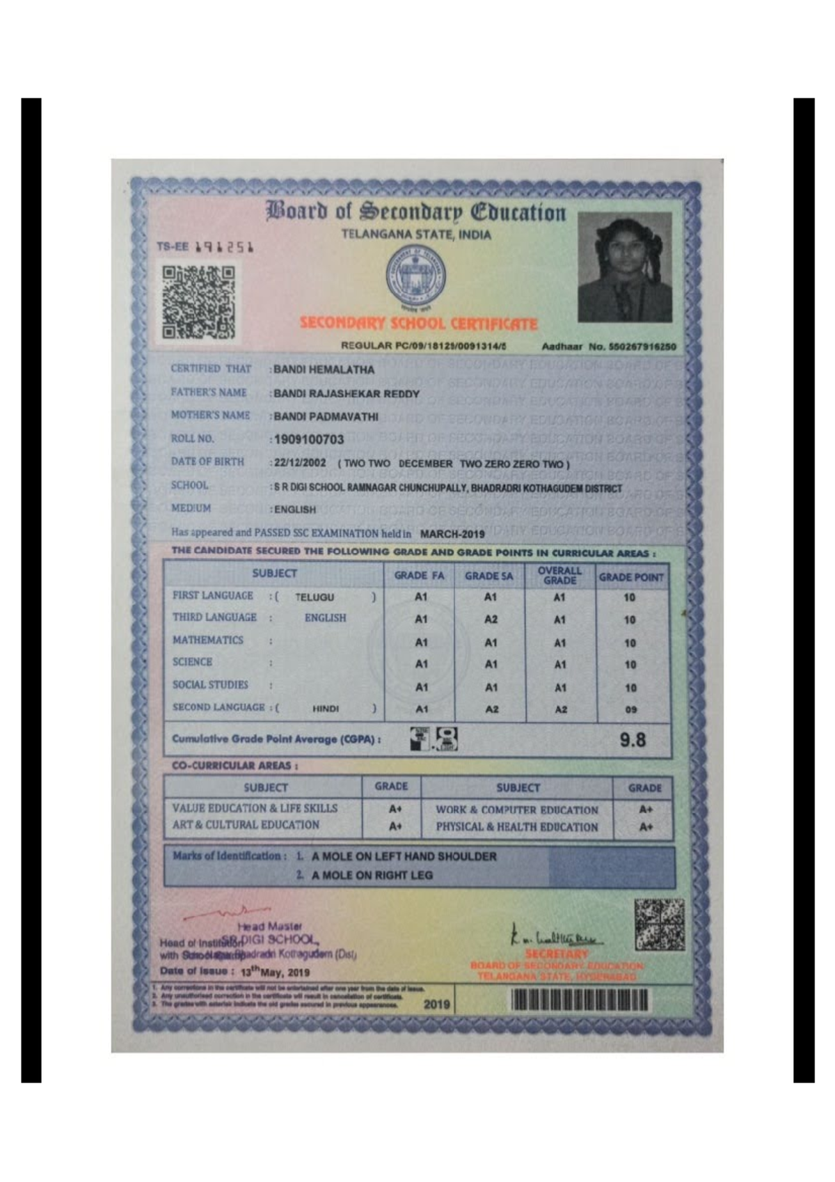 10th Marks Sheet - SSC Examination 2019 - Bandi Hemalatha - Studocu