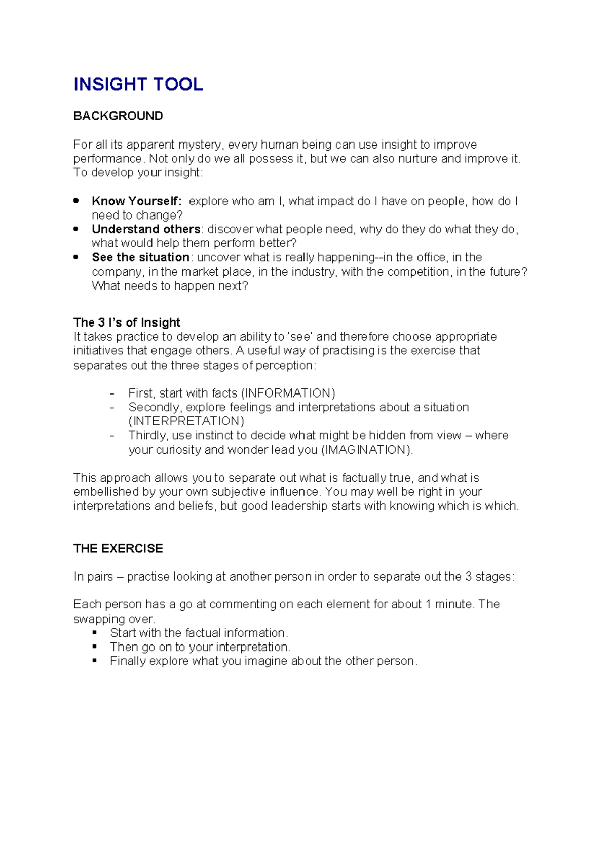 Insight TOO1 - Developing Human Insight for Performance Improvement ...