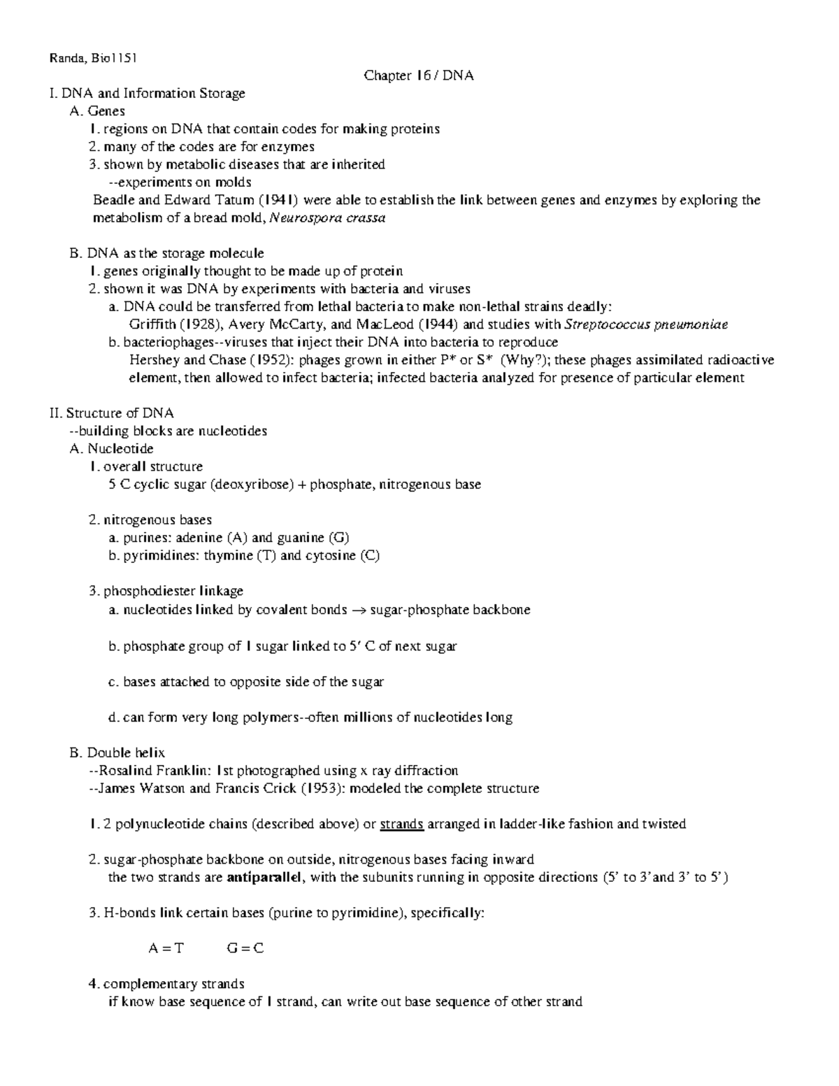 Bio1151 Chapter 16: DNA Structure and Replication - Studocu