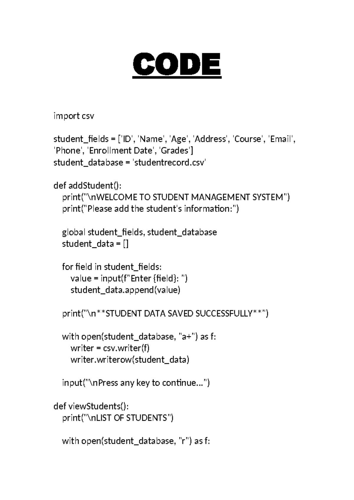 CODE - Student Management System Project File - Studocu