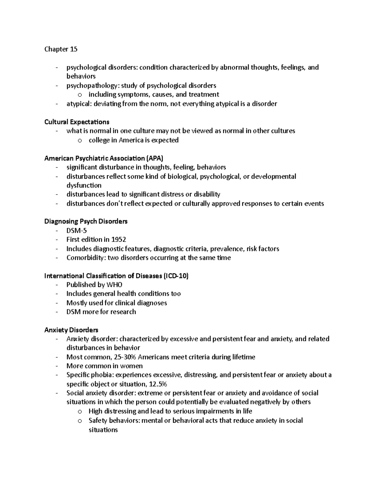 Psychology Chapter 15 Notes - Chapter 15 psychological disorders ...