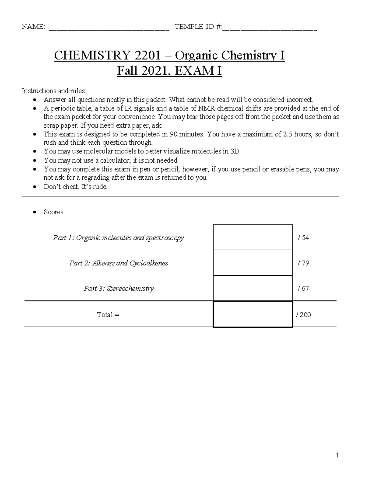 CHEM 2201 Organic Chemistry I Fall 2021 Exam I Practice Guide - Studocu