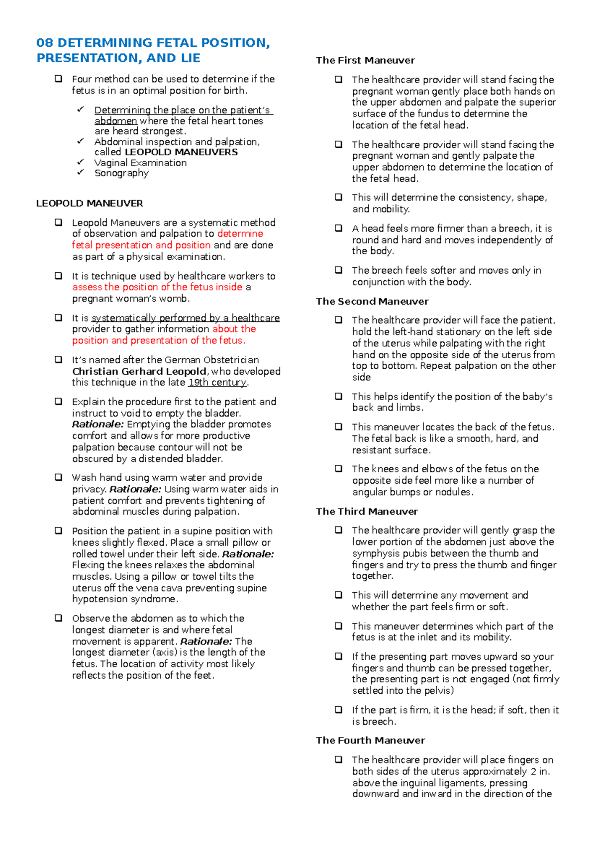 08 MCN Final Exam Notes on Fetal Position & Leopold Maneuvers - Studocu