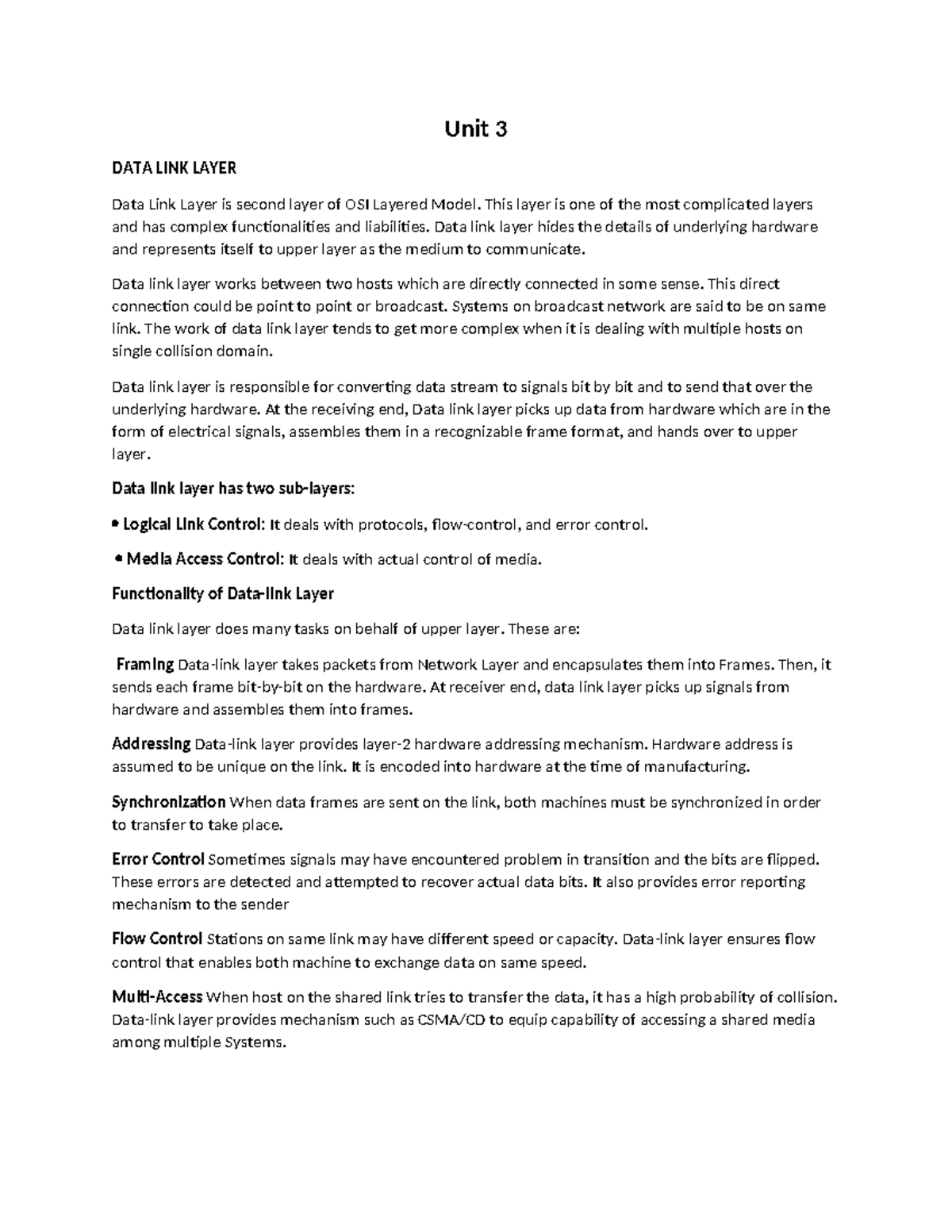 Unit 3 BCA V - Data Link Layer Overview and Functions - Studocu