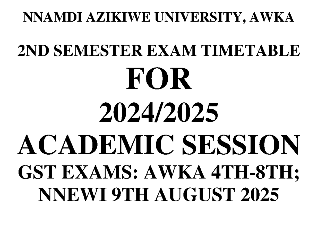 UNIZIK 2ND SEMESTER EXAM TIMETABLE 2025: FACULTY OF AGRICULTURE - Studocu